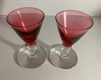 2 Wine Colored Cordial Glasses Short Stem Wide Base Vintage Barware