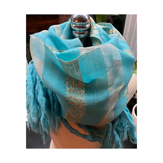 Vintage Samuli Wrap Scarf Silk and Wool Turquoise… - image 8