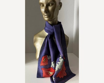 Vintage 80s Silk Hand Painted Scarf Purple with Bright Flowers at Both Ends 53 X 11