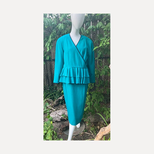 80s 2 Piece Dress - Skirt and Peplum Top - Peter Chin Size 12 Green Wool with Black Piping Double Peplum Shoulder Pads Wrap Style Jacket