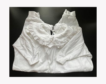 Vintage Baby Romper White Cotton Knit with Eyelet Trim at Yoke and Collar Ribbon Tie Closure at Back Made in Canada YES BABY