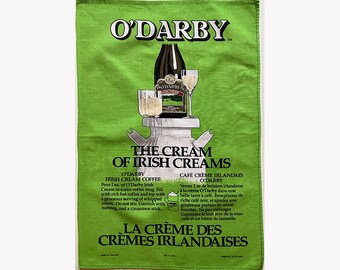 Vintage Linen Tea Towel O'Darby Irish Cream Made in Ireland Bright Green Background / Bottle Illustration / Recipe For Irish Cream Coffee