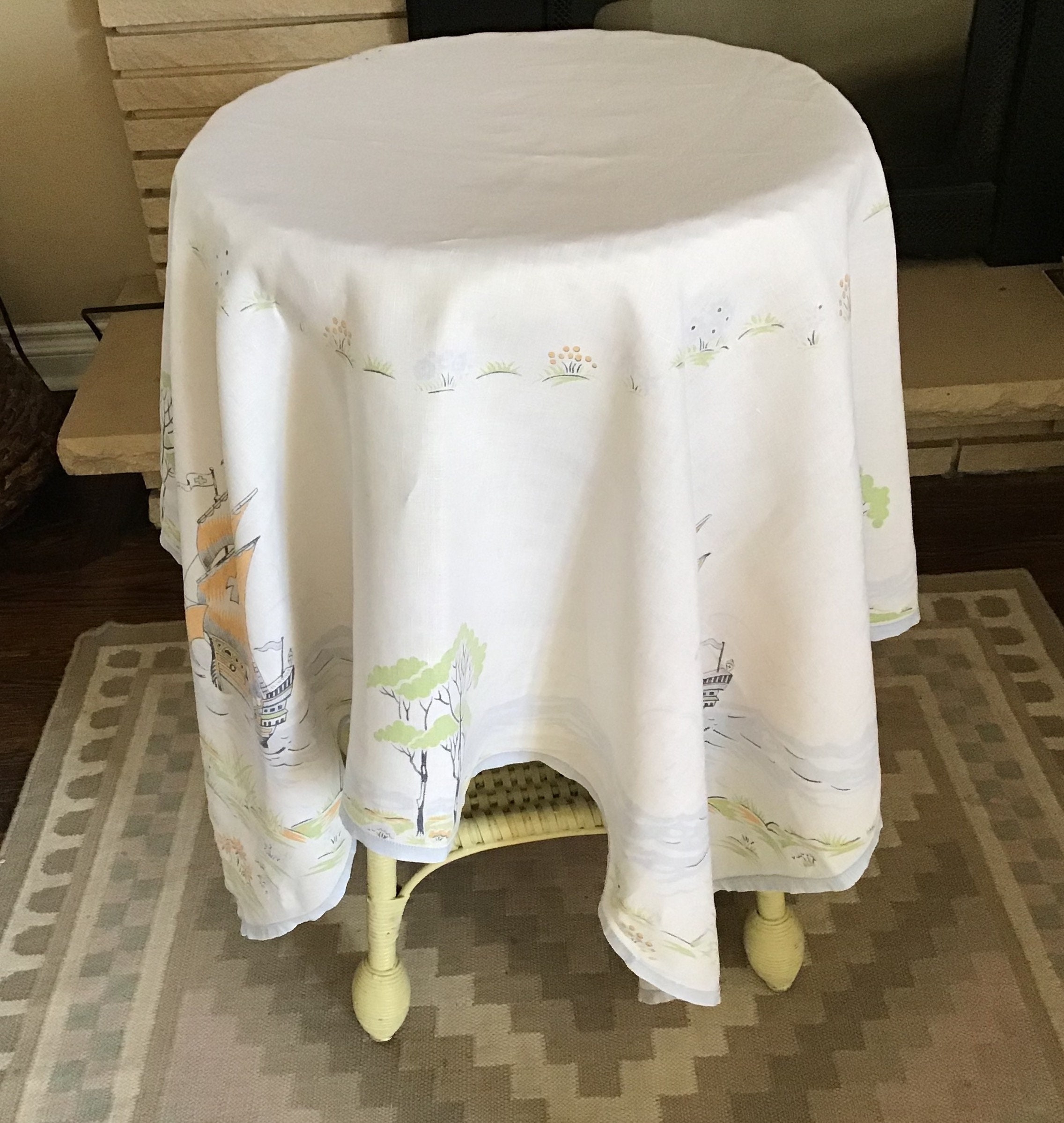 Pastel Linen Tablecloth White with Pastel Blue Orange and Etsy