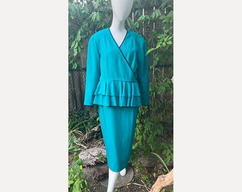 Collection Peter Chin des années 80 Doublée, Jupe en Laine Costume Vert avec Bord Passepoil Noir Peplum Wrap Jacket avec Jupe Droite Taille 12