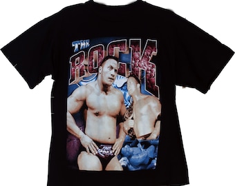 Rare Original '99 The ROCK Dwayne Johnson Vintage Professional Wrestling Event Short Sleeve T-Shirt EXCELLENT Golden 90's Era Rocky Mania !!