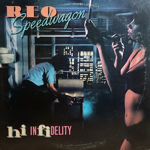 May include: Vinyl record cover for REO Speedwagon's Hi Infidelity. The artwork features a dark room with a city skyline visible through a window, a person in a blue shirt looking into a box, and a silhouette of a person holding a cigarette.