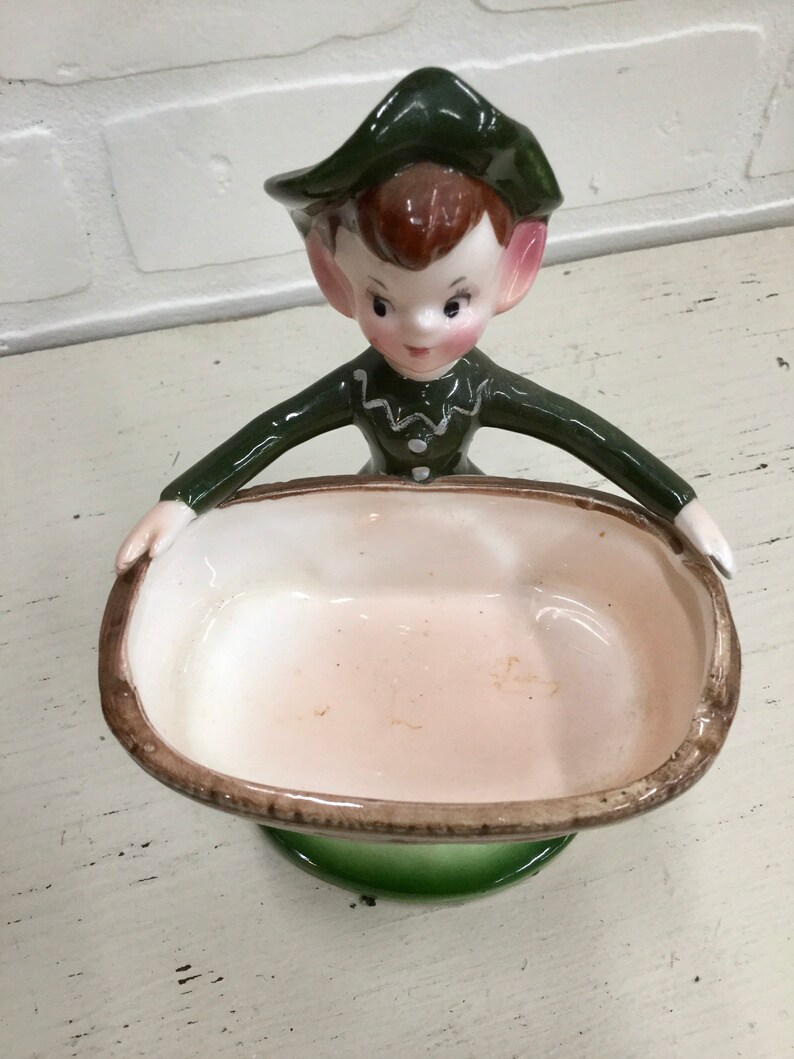 Vintage Enesco Japan Elf Pixie Holding Basket Planter Holiday