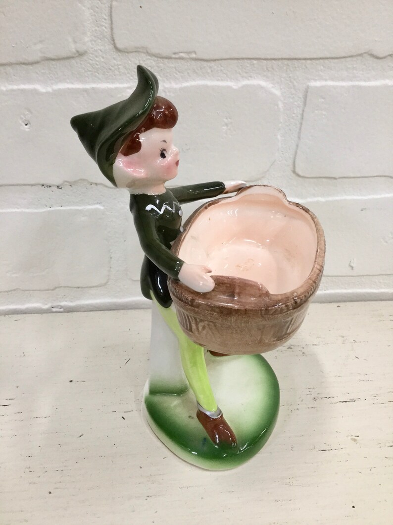 Vintage Enesco Japan Elf Pixie Holding Basket Planter Holiday