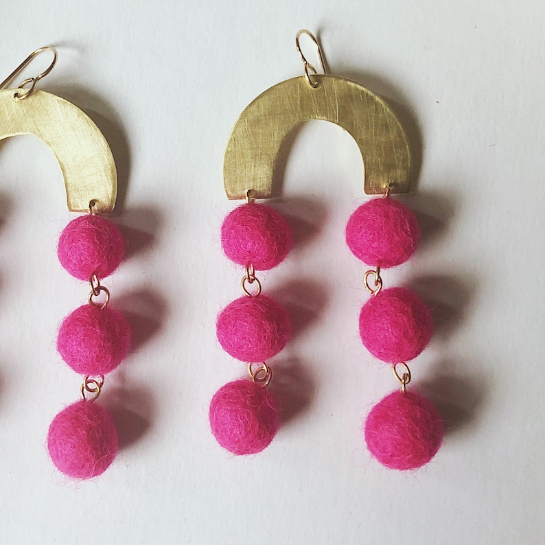 Brass Rainbow Hot Pink Drop Ball Earrings Long Wedding Earrings