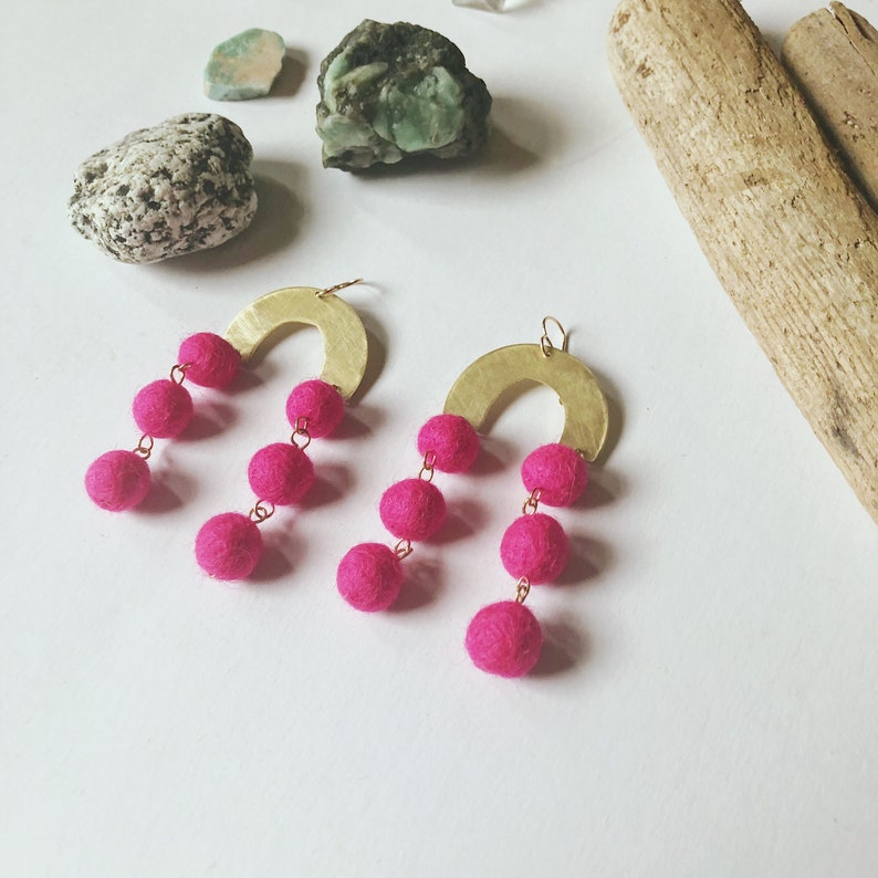 Brass Rainbow Hot Pink Drop Ball Earrings Long Wedding Earrings