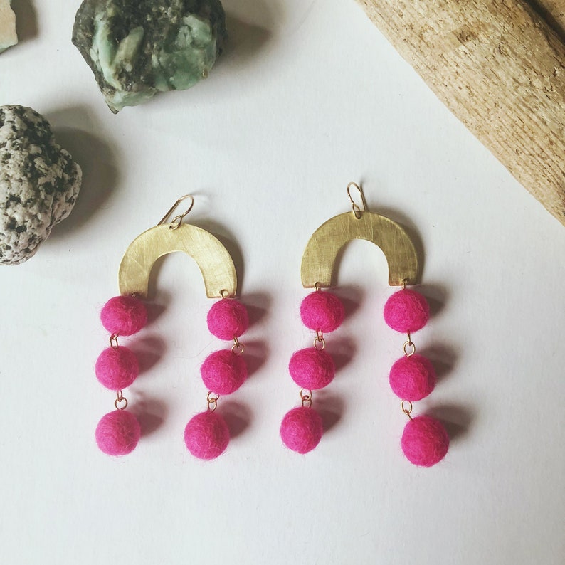 Brass Rainbow Hot Pink Drop Ball Earrings Long Wedding Earrings