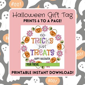 Halloween Gift Tag Printable Square PDF Favor Tags Treat Tags Spooky Kids School Download Digital Pink No Tricks Just Treats