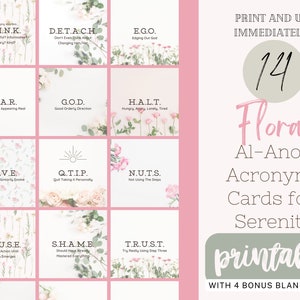 Al-Anon AA Akronyme Genesungskarten | Nüchternheit Inspirierende Karten | Florale Achtsamkeit Praxis Zitate | Gelassenheit Geschenk PDF PNG Printable