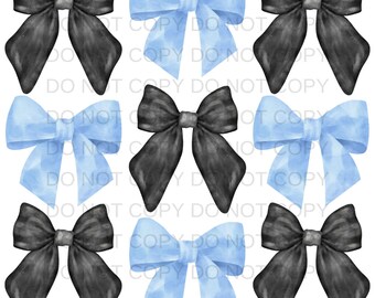 Coquette Light Blue and Black Team Color Bows PNG Preppy Design - Sublimation Design Download - Digital Design - Sublimation