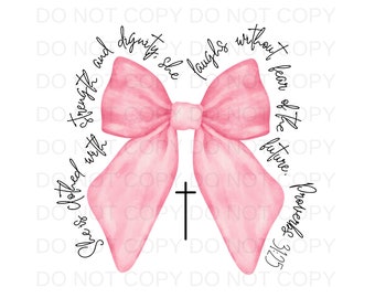 Proverbs She is Clothed with Strength Coquette Bow Dark Pink PNG Preppy Design -Sublimation Design Download -Digital Design- Sublimation