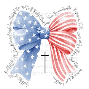 Könnte beinhalten: Ein Aquarellbild eines rot-weiß-blauen Bogens mit einem Kreuz in der Mitte. Der Bogen besteht aus Stoff mit Sternen und Streifen. Der Text um den Bogen lautet "God bless America, land that I love, Stand beside her and guide her. Through the night with the fight from above. From the mountains to the prairies. To the oceans white with foam, God bless America, My home."