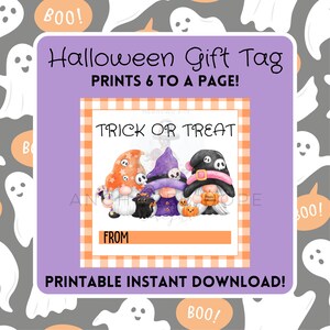 Halloween Gift Tag Printable Square PDF Favor Tags Treat Tags Spooky Kids School Download Digital Orange Gingham Gnomes Trick or Treat