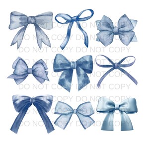 May include: A set of nine watercolor illustrations of blue bows. The bows are in various styles and sizes, with some having a more textured look.
