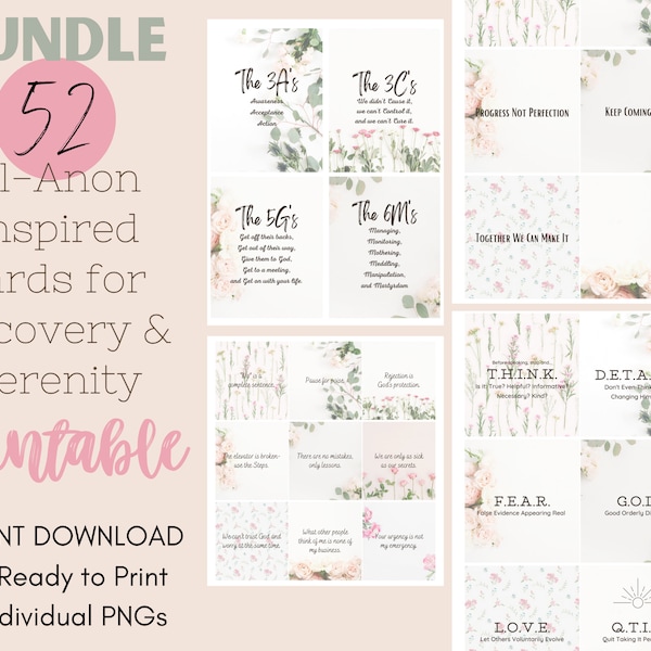 Al-Anon AA BUNDLE Slogan Cards | Sobriety Inspirational Cards | Floral Mindfulness Recovery Quotes | Serenity Gift Pdf Png Printable