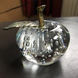 Vintage Hand Blown Glass Apple Paperweight with Controlled Bubbles and Metal Stem approx. 3”h x 3.25”w