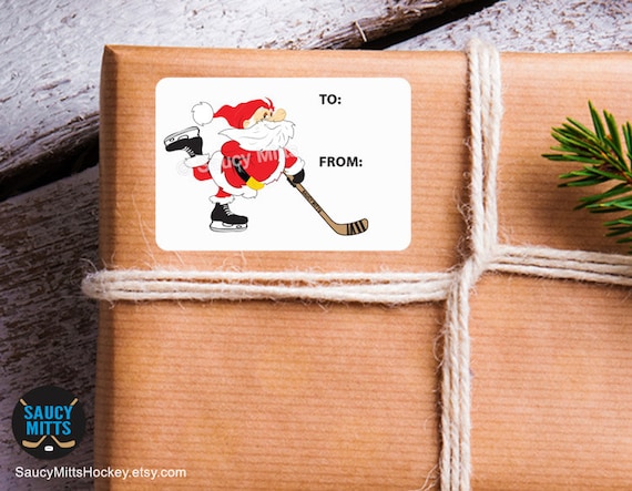 Hockey Christmas Present Gift Bag Label Sticker Tag - Skating Santa