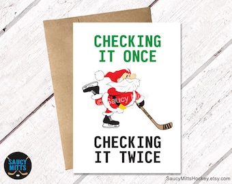 Hockey Christmas Card - Checking It Once Checking It Twice Hockey Santa