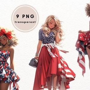 4th of July Clipart, Patriotic Fashion Girls, PNG Clipart Bundle, Fashion Clipart, Scrapbooking, Cards Making, Commercial Use, Sublimation