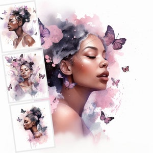 Fantasy Girl Clipart, schwarzes Melanin-Mädchen mit Schmetterlingen JPG Clipart Bundle, 10 JPG-Bilder, Tshirt Sublimation, Wandkunst, kommerzielle Nutzung
