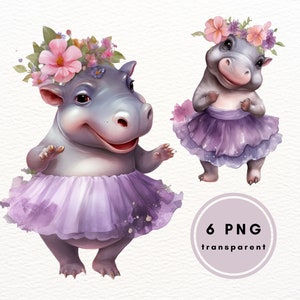 Hipopótamo acuarela PNG clip art, imágenes prediseñadas de uso comercial, POD permitido, bailarina de hipopótamo de acuarela, imágenes prediseñadas digitales, arte infantil, arte de pared