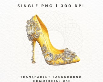 Prom, Wedding Single Shoe Clipart, Yellow Shoe With Crystals Digital Download, PNG Clipart, Commercial Use, Digital Download, Prom Shoes