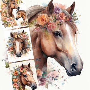 Floral Horse Digital Illustration Bundle, Digital ClipArt, Digital Crafting, Paper for Crafts, Collage, Card Making, Scrapbook, Nursery Art