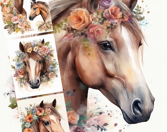 Floral Horse Digital Illustration Bundle, Digital ClipArt, Digital Crafting, Paper for Crafts, Collage, Card Making, Scrapbook, Nursery Art