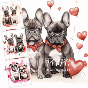 Lovely Bulldogs Clipart, Bulldogs con corazones, 14 JPG de alta calidad, Descarga digital, Fabricación de tarjetas, Scrapbooking, Sublimación