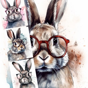 May include: Three watercolor paintings of bunnies wearing glasses. The first bunny is brown with gray glasses. The second bunny is brown with red glasses. The third bunny is gray with black glasses.