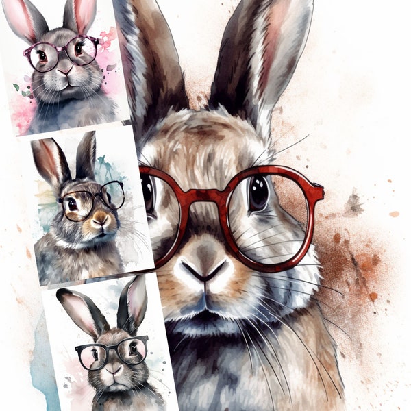 Water color bunny with glasses clipart, Art Print Bundle, 10 JPG Files, Commercial Use, Digital Paper, Craft, Scrapbooking