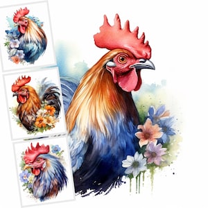 Aquarell Hahn Clipart, hohe Qualität 16 JPG-Dateien, Bauernhof Tiere, Bauernhof Vögel, POD erlaubt, Junk Journal Art, Karten machen, Sublimation