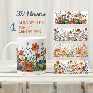 Designs 3D en sublimation de tasse, fleurs sauvages, emballage de tasse de 11 oz PNG, conception florale de tasse de thé, sublimation de fleurs de printemps pour des tasses, cadeau floral