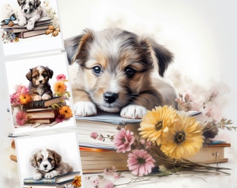 Puppies With Books Clipart, Digital JPG Art Print Bundle for Digital Download and Commercial Use, Wall Art, Sublimation, Junk Journal