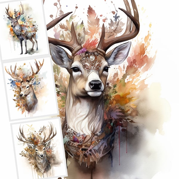 Watercolor Deer Portrait Clipart, JPG Clipart Bundle, Deer Drawing, Digital clipart, Commercial Use, Deer Sublimation, Invitations, Cards