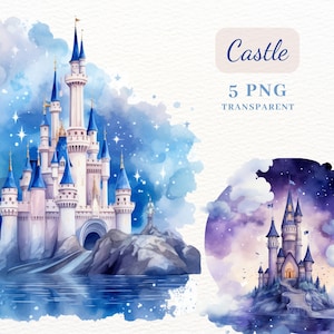 Prachtig kasteel clipart, png clipartbundel, 5 png-kasteelafbeeldingen, aquarel sprookjeskasteel clipart, kinderkamer kunst aan de muur, babyshower, digitaal
