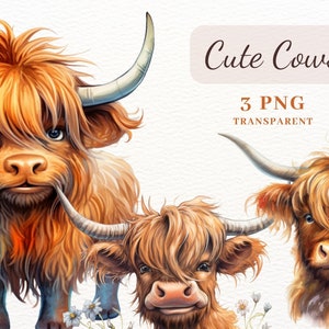 Highland Cow Clipart, PNG Clipart Bundle, Cows Clipart, High Quality 3 PNG Images, Farm Animals Clipart, Card Making, Digital Paper