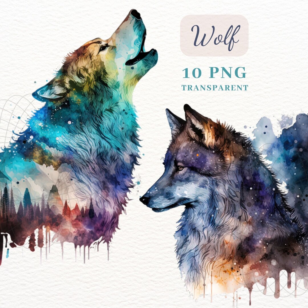 Watercolor Wolf Clipart, Double Exposure, PNG Bundle (10 Files) - Etsy