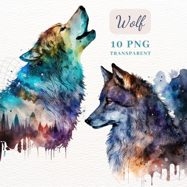Watercolor Wolf Clipart, Double Exposure Clipart, PNG Clipart Bundle, Set of 10 PNG for Scrapbooking and Paper Crafts, Nigh Clipart, Cards