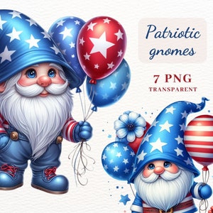Clipart gnomes patriotiques, ensemble de cliparts PNG, 7 images de haute qualité pour la fabrication de cartes, album de scrapbooking, journal indésirable, techniques mixtes, POD autorisé
