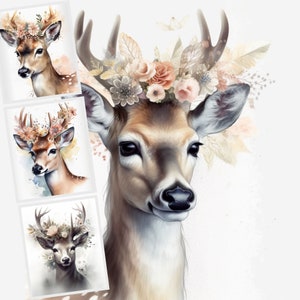 Rehkitz mit Blumen druckbare Cliparts, druckbare JPG-Dateien, druckbares Art Design Bundle, Wandkunst, Aquarell Rehkitz, Kartenherstellung, Sublimation