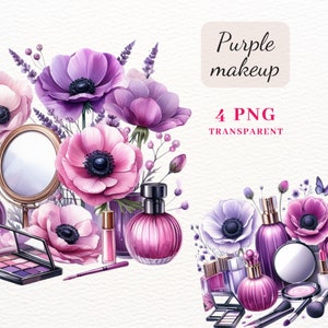 Make-up set clipart, paarse illustraties van make-up kwasten oogschaduw, kaarten maken, sublimatie, POD toegestaan, 4 PNG-afbeeldingen van hoge kwaliteit