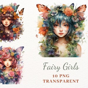 水彩画の妖精の女の子のクリップアート、花の妖精、かわいい花の女の子、10 枚の PNG 高品質イラスト、PNG クリップアート バンドル、スクラップブッキング