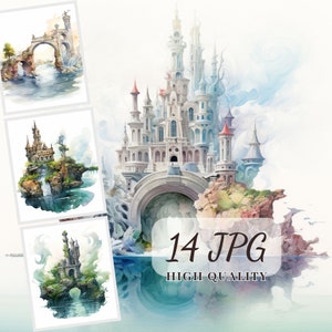 Mystic Landscape Clipart, JPG Clipart Bundle, 14 High Quality JPG Illustrations, Town Images, Wall Art, Scrapbooking, Digital Download