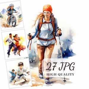 Acquerello Sport Clipart, immagini clipart di persone sportive, 27 illustrazioni JPG di alta qualità per la creazione di carte, Scrapbooking, Mixed Media, POD