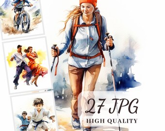 Ilustrações em aquarela de esportes, estilo de vida ativo (JPG, uso comercial)